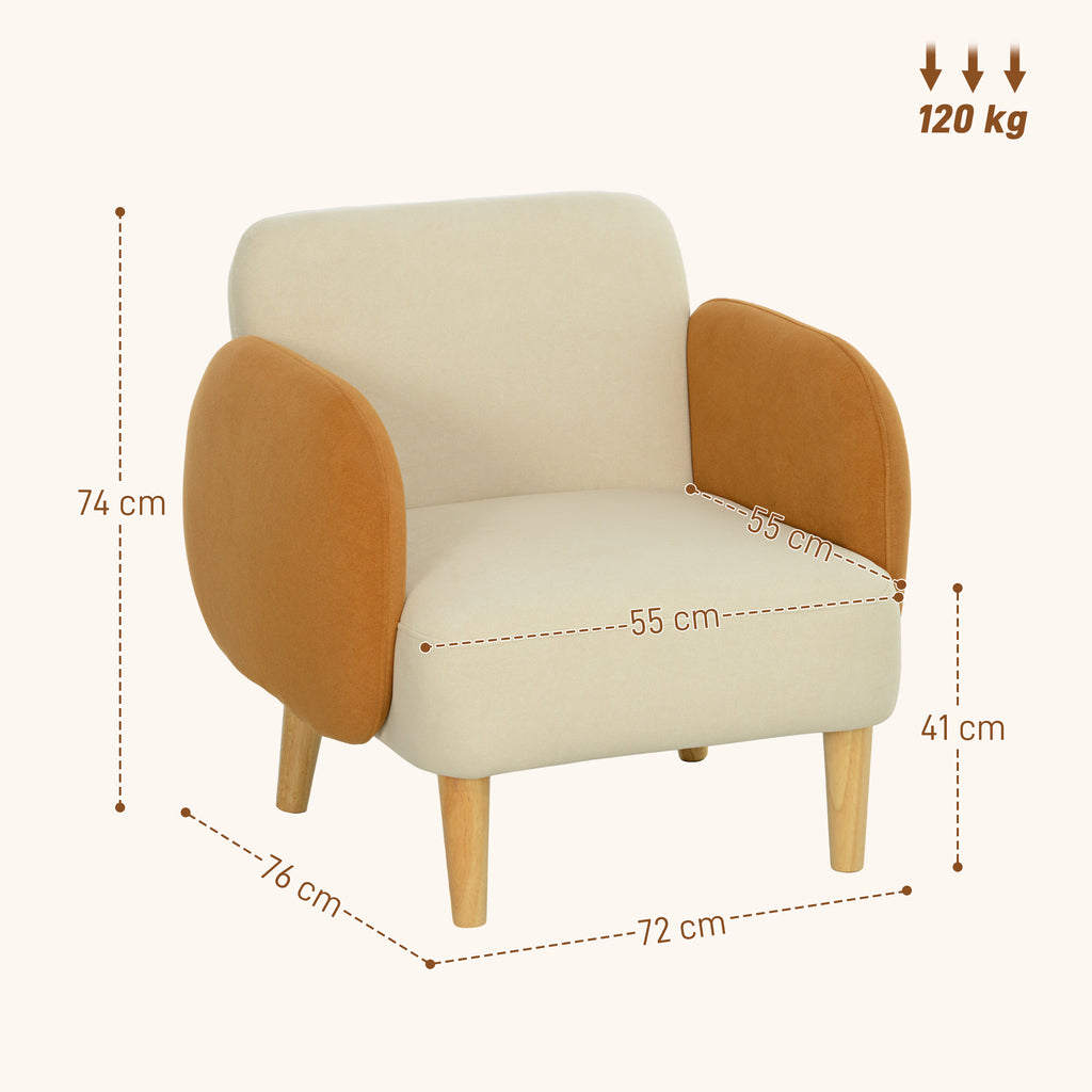 Poltrona de Sala Estofada em Veludo com Apoios de Braço e Pernas de Madeira Poltrona Compacta 120 kg para Quarto Escritório 72x76x74 cm Creme — foto 3
