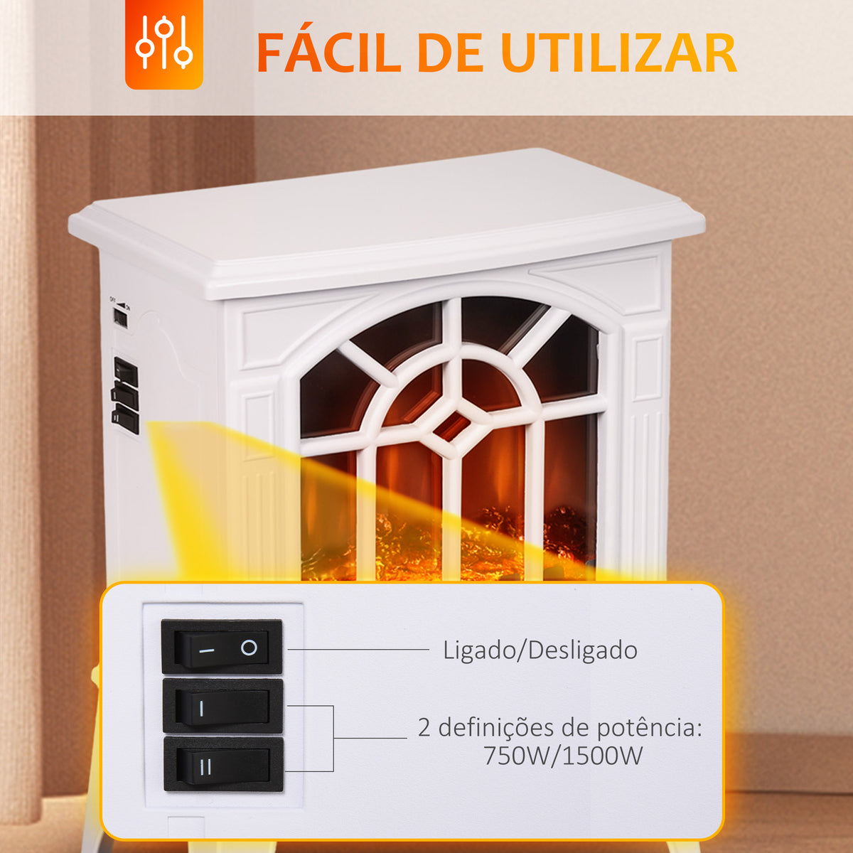 Lareira Elétrica Portátil 1000/2000W com Simulação de Chama Realista Termostato para Salas de até 20m² 36,5x24x46 cm Branco — foto 5