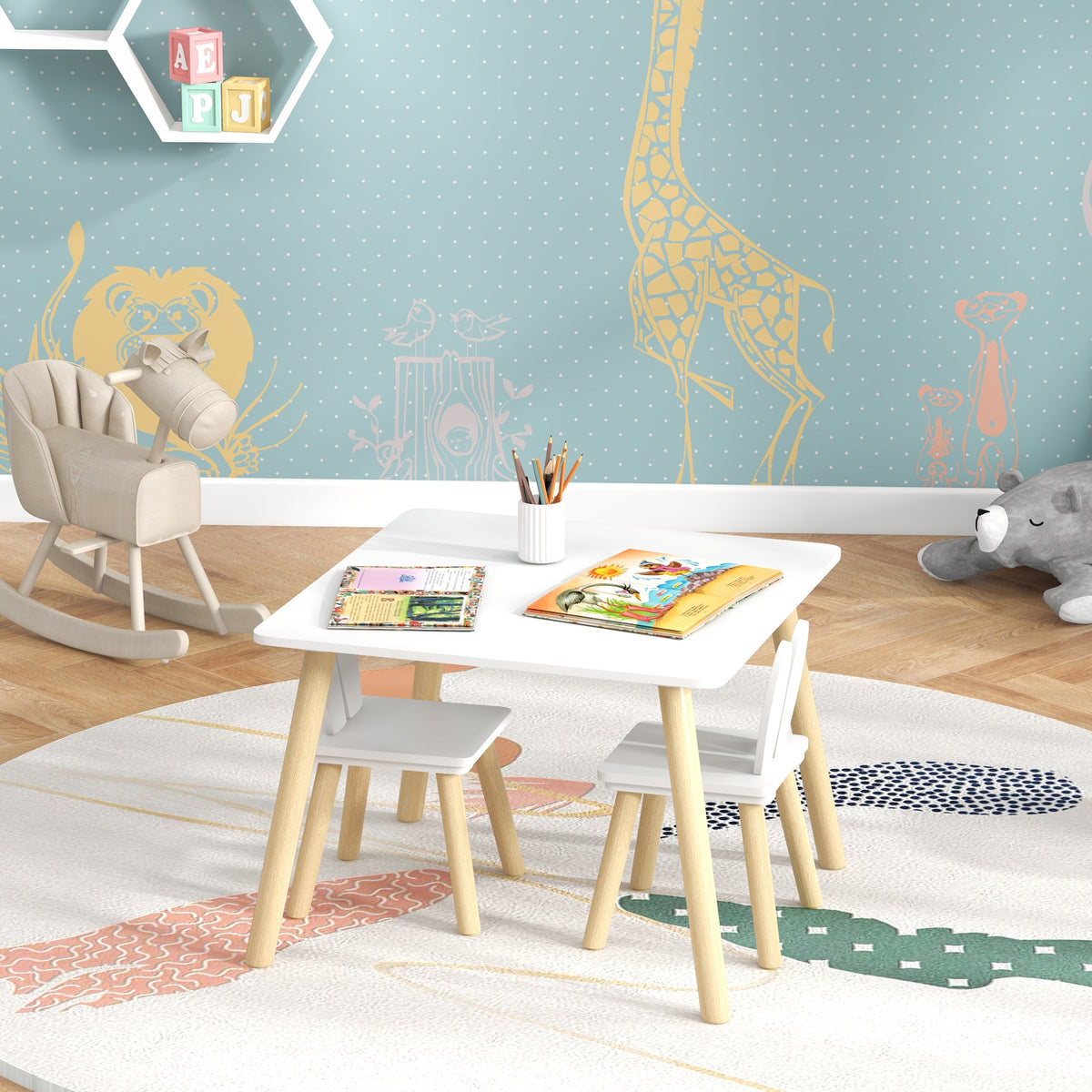 Conjunto de Mesa Infantil e 2 Cadeiras Mesa Infantil com Costas de Cadeiras com Orelhas de Coelho Mesa Infantil para Quarto de Bebé Sala de Jogos Branca — foto 7