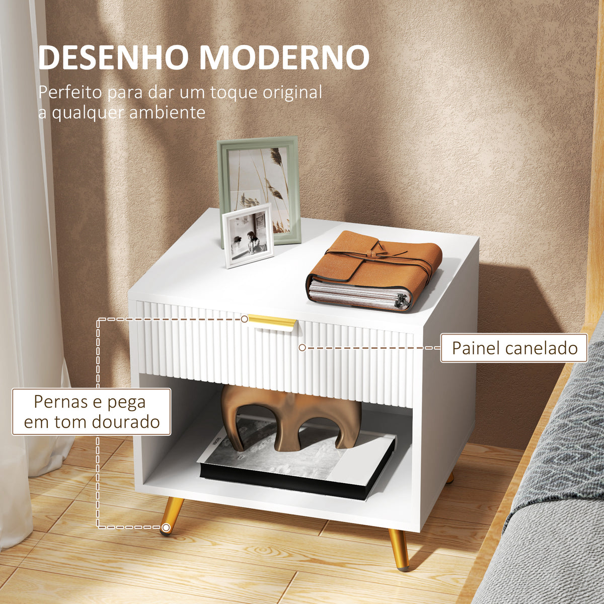 Mesa de Cabeceira Moderna Mesa de Cabeceira com Gaveta Puxador Dourado e Compartimento Aberto Mesa Auxiliar para Sala de Estar Dormitório 50x40x47 cm Branco — foto 4