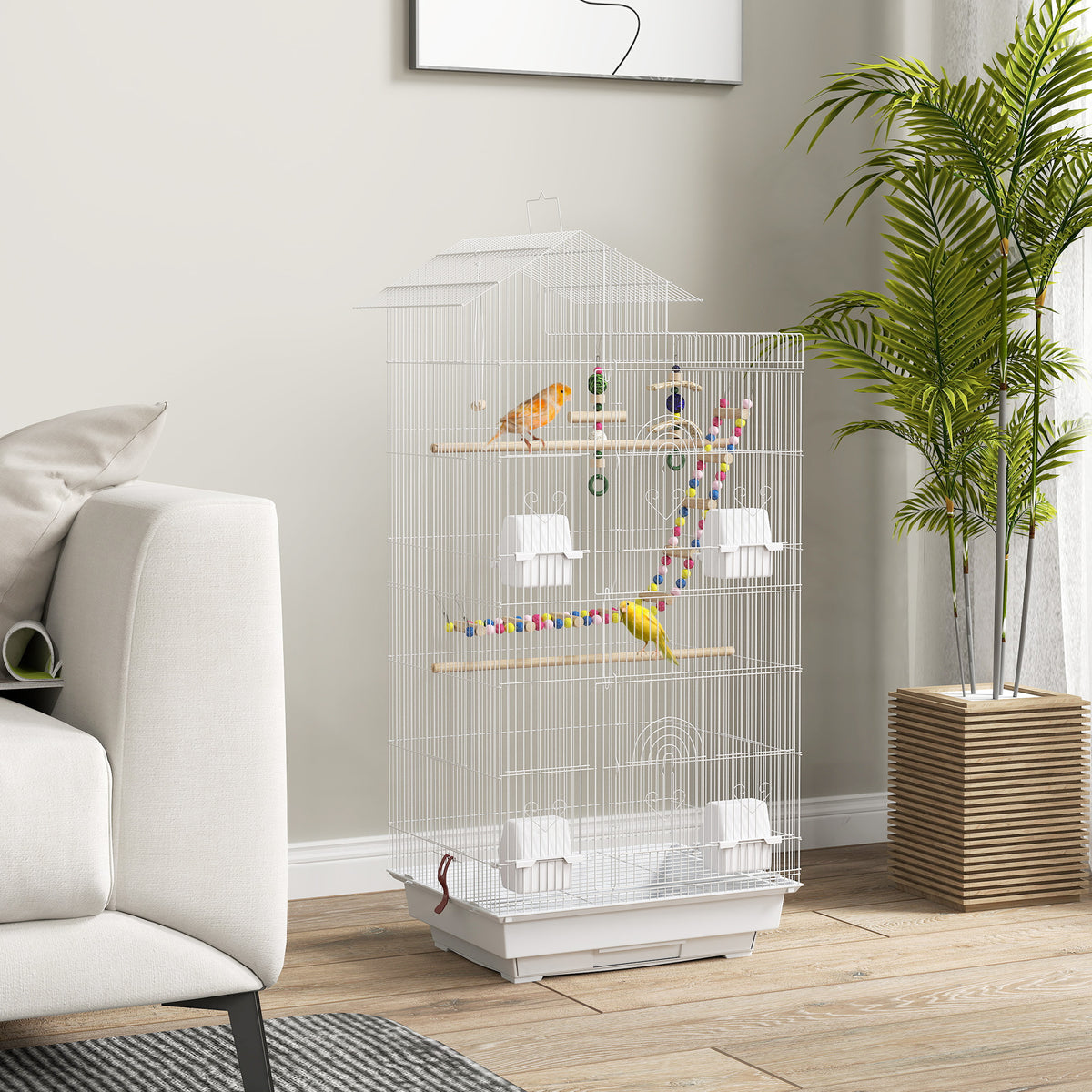 Gaiola para Passáros Gaiola de Metal com Múltiplas Portas 4 Comedouros 3 Poleiros Baloiço Escadas e Bandeja Removível para Periquitos Canários 46x36x100 cm Branco — foto 2
