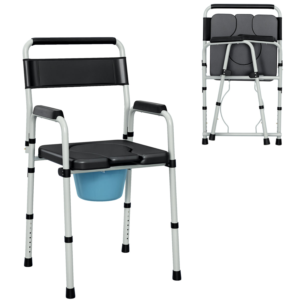 Cadeira Sanita para Pessoas Maiores Dobrável Cadeira com Sanita Altura Ajustável Cubo e Almofadas Antiderrapantes Carga 150 kg 52,5x46x81,5-97 cm Preto — foto 1