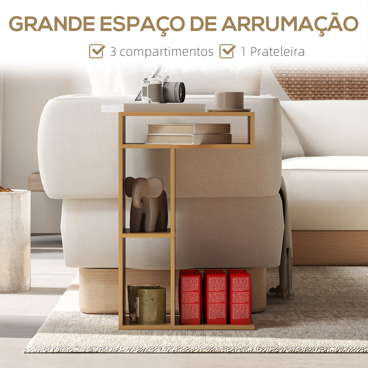 Mesa Auxiliar em Forma de C Mesa Auxiliar para Sofá com Rodas Compartimentos Abertos Mesa Lateral para Sala de Estar Dormitório 40x30x69 cm Madeira — foto 6