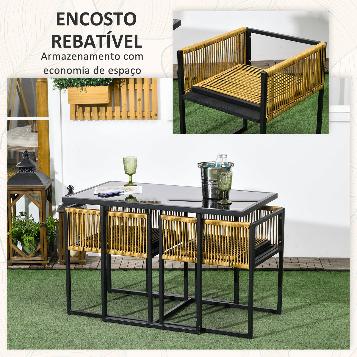Conjunto de Mesa e Cadeiras de Jardim Conjunto de 3 Peças com 2 Cadeiras com Encosto Dobrável e Almofadas e Mesa de Vidro para Terraço Pátio Natural e Preto — foto 5