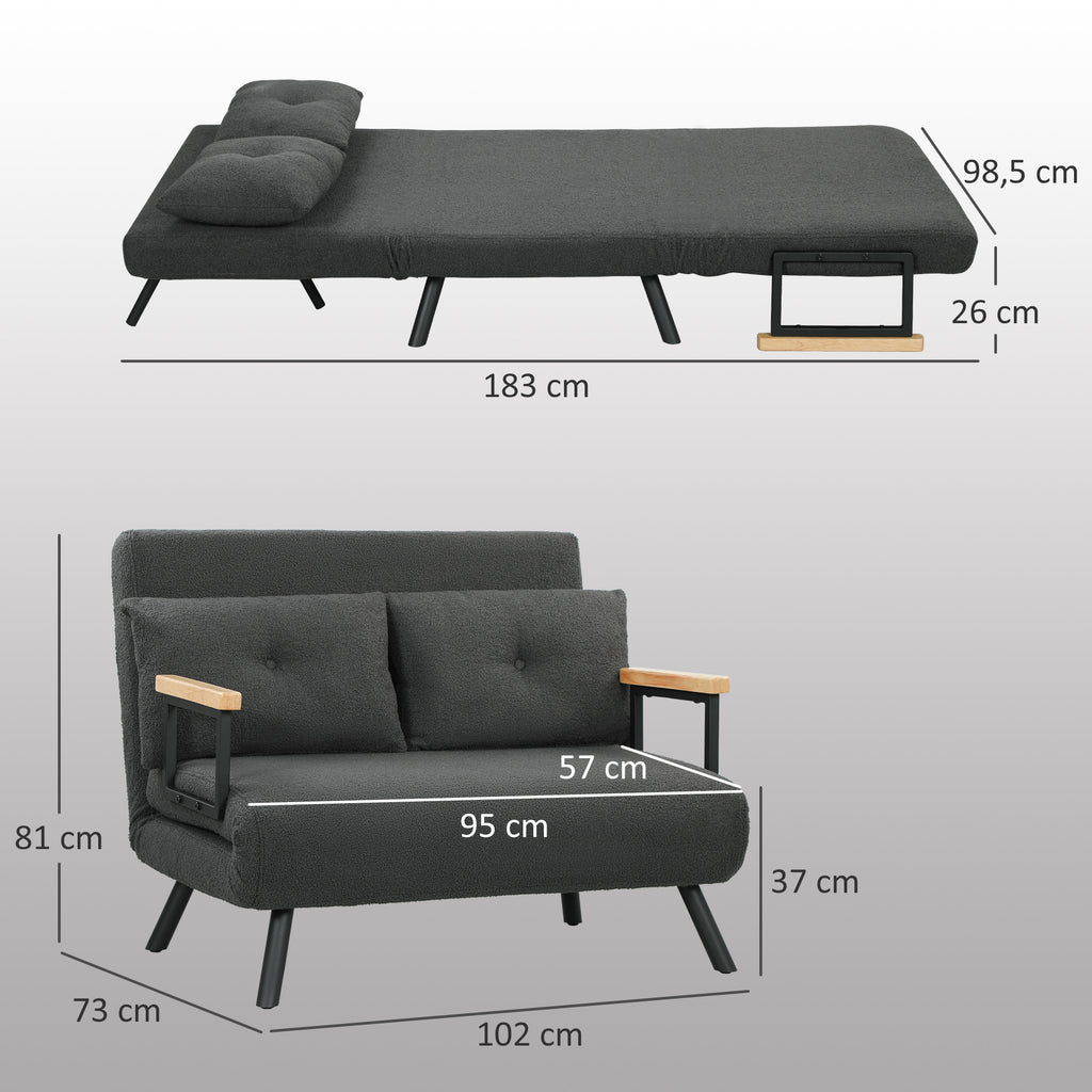 Sofá Cama Sofá Convertível em Cama de 2 Lugares Dobrável com Encosto Ajustável em 5 Níveis e 2 Almofadas Acolchoadas para Escritório Dormitório Sala de Estar 102x73x81 cm Cinza - Modelo 2 — foto 3