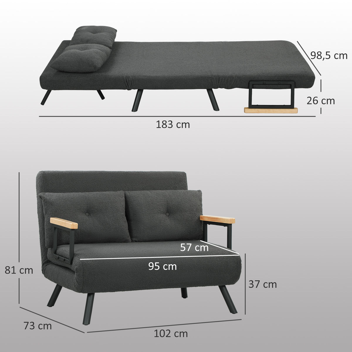 Sofá Cama Sofá Convertível em Cama de 2 Lugares Dobrável com Encosto Ajustável em 5 Níveis e 2 Almofadas Acolchoadas para Escritório Dormitório Sala de Estar 102x73x81 cm Cinza - Modelo 2 — foto 3
