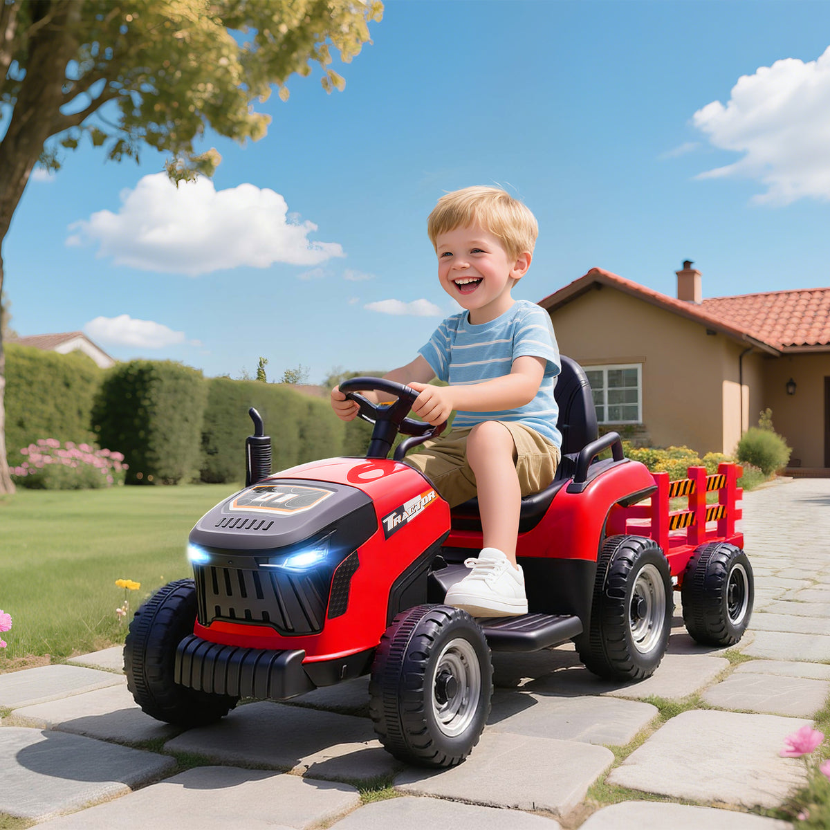 Trator Elétrico para Crianças com Reboque Desmontável Bateria 12V Velocidade 3-5 km/h Controle Remoto 2,4G Música Buzina para Crianças de 3-8 Anos 139x58x55 cm Vermelho — foto 2