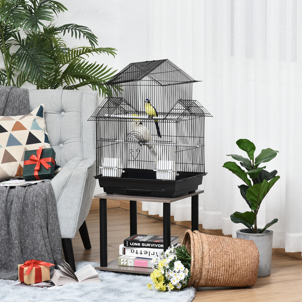 Gaiola de metal com bandeja removível para periquitos tentilhões canários 51x40x67 cm preto — foto 2