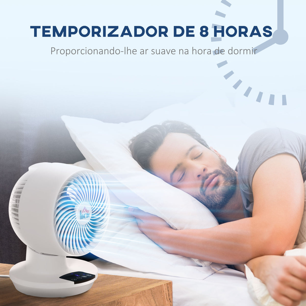 Ventoinha de Mesa 45W Mini Ventoinha com 3 Pás Ecrã LED Oscilação de 55° 3 Velocidades Temporizador e Controlo Remoto Ø20,2x28,2cm Branco — foto 6