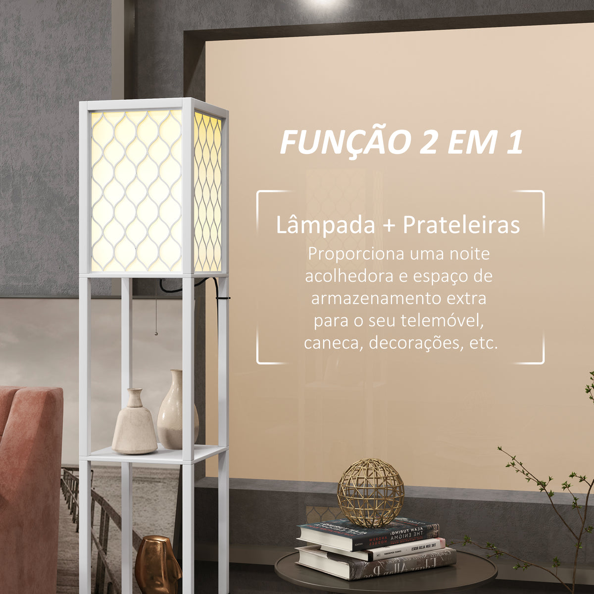 Candeeiro de Pé de Madeira Candeeiro de Pé com Estantes Lâmpada E27 Máx. 40W com Interruptor para Sala de Estar Dormitório Escritório 26x26x156 cm Branco — foto 4