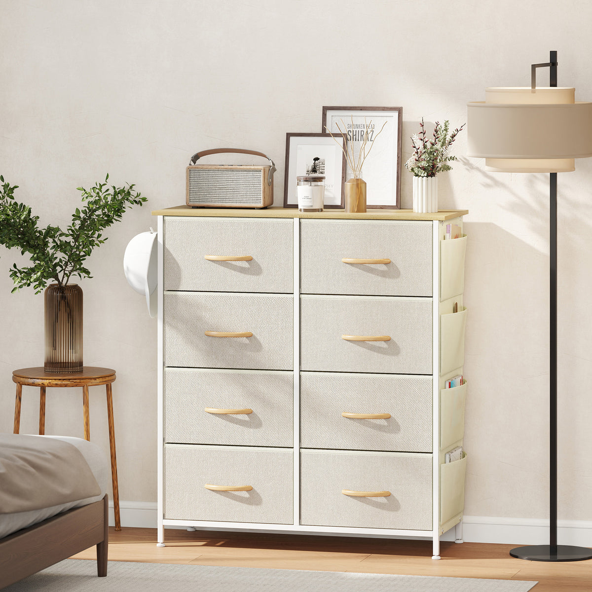 Cómoda Alta de Tecido com 8 Gavetas 4 Bolsos Laterais 2 Ganchos e Estrutura de Aço Cómoda para Quarto Sala de Estar Corredor 86x30x94,5 cm Bege — foto 2