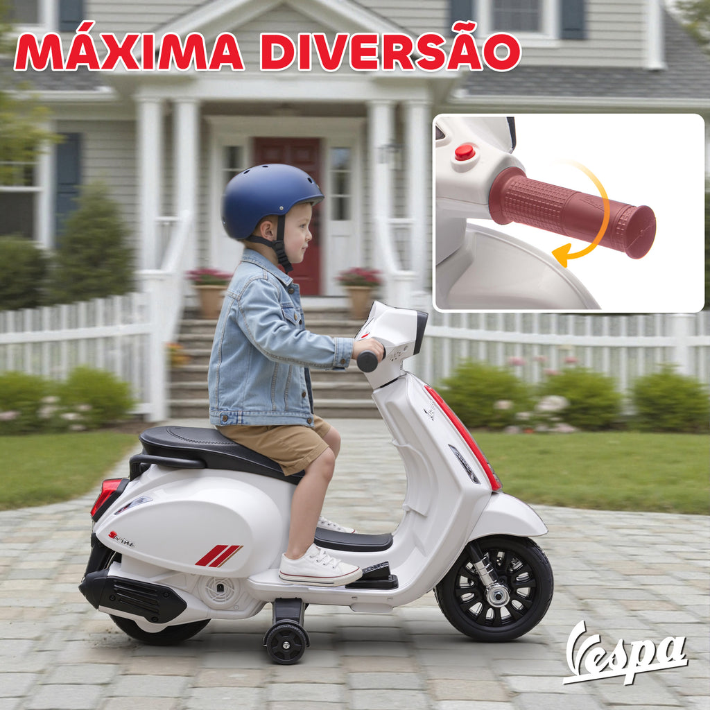 Mota Elétrica para Crianças 6V com Licença Vespa Mota Elétrica Infantil com Rodas Auxiliares Velocidade de 2,5km/h Farol e Buzina para Crianças de 2-6 Anos 71x37x52 cm Branco — foto 5