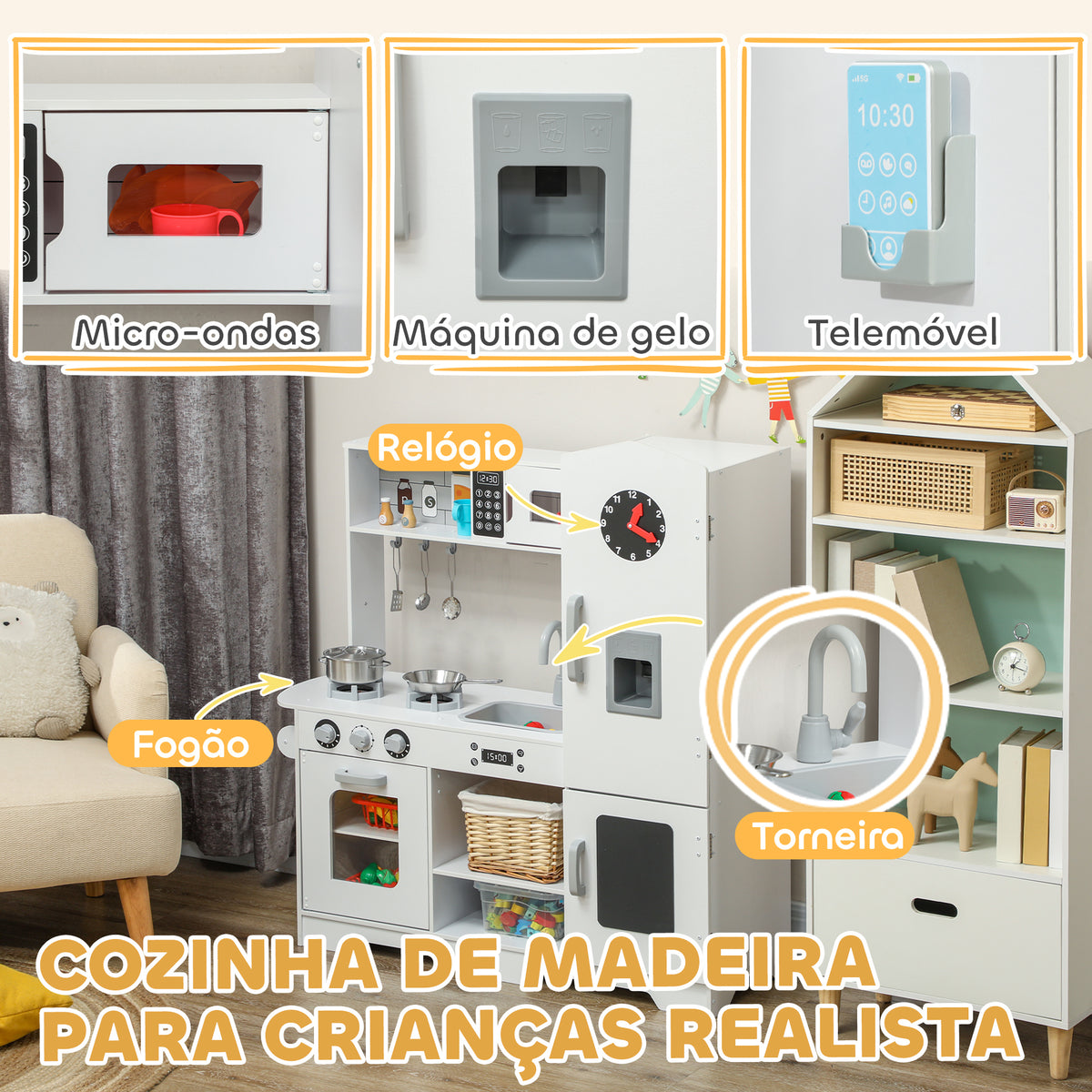 Cozinha de Madeira para Crianças acima de 3 Anos Cozinha Infantil com Fogão Lavatório Micro-Ondas Relógio Máquina de Gelo e Acessórios 100,5x41x110 cm Branco — foto 4
