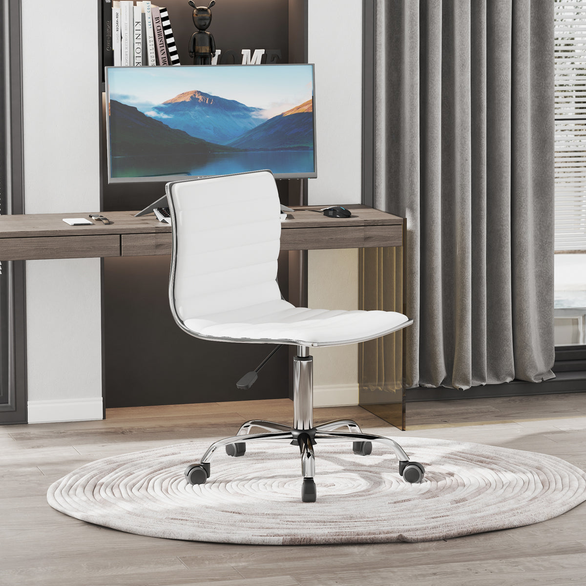 Cadeira de Escritório sem Apoio para os Braços Cadeira de Escritório Giratória com Altura Ajustável Cadeira para Estudo Estofada em PU Carga 120 kg 48x52x78-90 cm Branco — foto 2