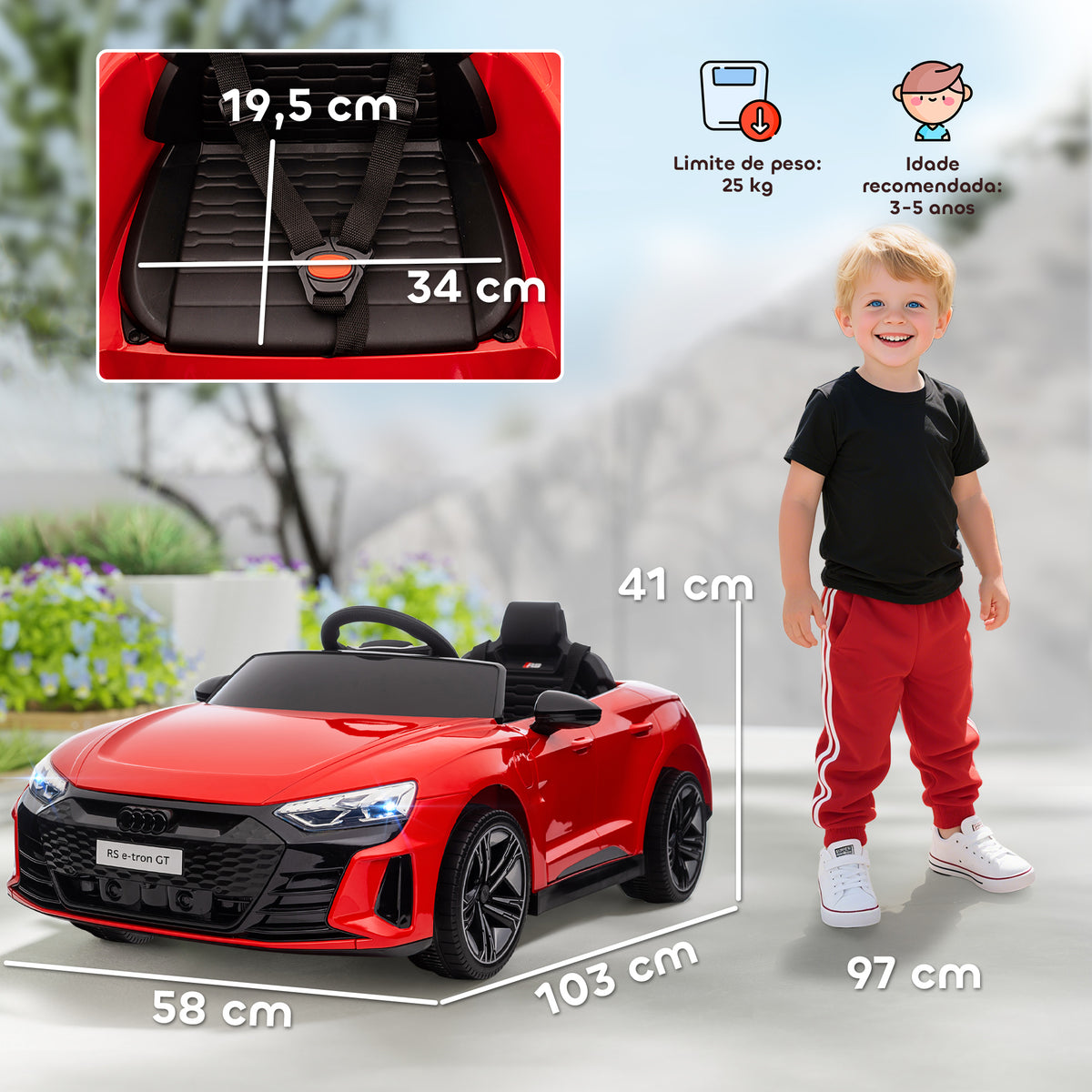 Carro Elétrico AUDI RS E-Tron GT para Crianças de 3-6 Anos Carro de Bateria 12V com 2 Motores Controlo Remoto Faróis LED Buzina Música USB e Abertura de Porta 3-5km/h 103x58x41 cm Vermelho — foto 3