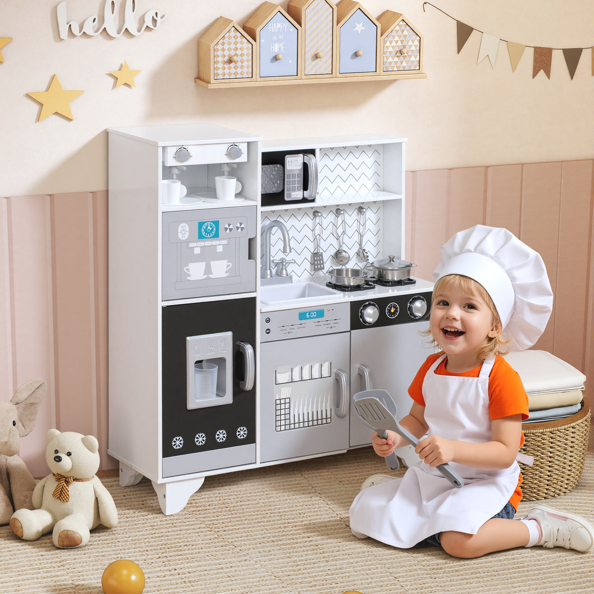 Cozinha de Madeira com Som Cozinha Infantil com Acessórios em Aço Inoxidável Micro-Ondas, Máquina de Gelo Cafeteira, Máquina de Lavar Loiça para Crianças a partir dos 3 Anos 79,5x24x83,8 cm Branco — foto 2