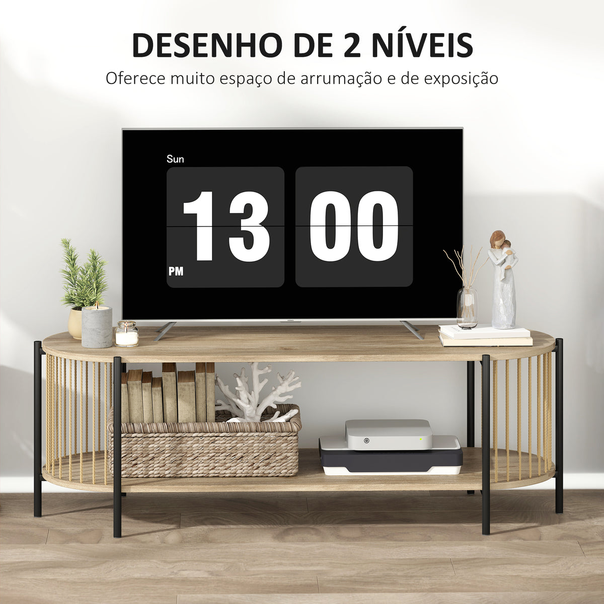 Móvel de TV Estilo Boémio Móvel de TV até 55 Polegadas com Detalhes em Corda de Papel e 2 Prateleiras Abertas para Sala de Estar Quarto 124x43,5x41 cm Madeira — foto 5