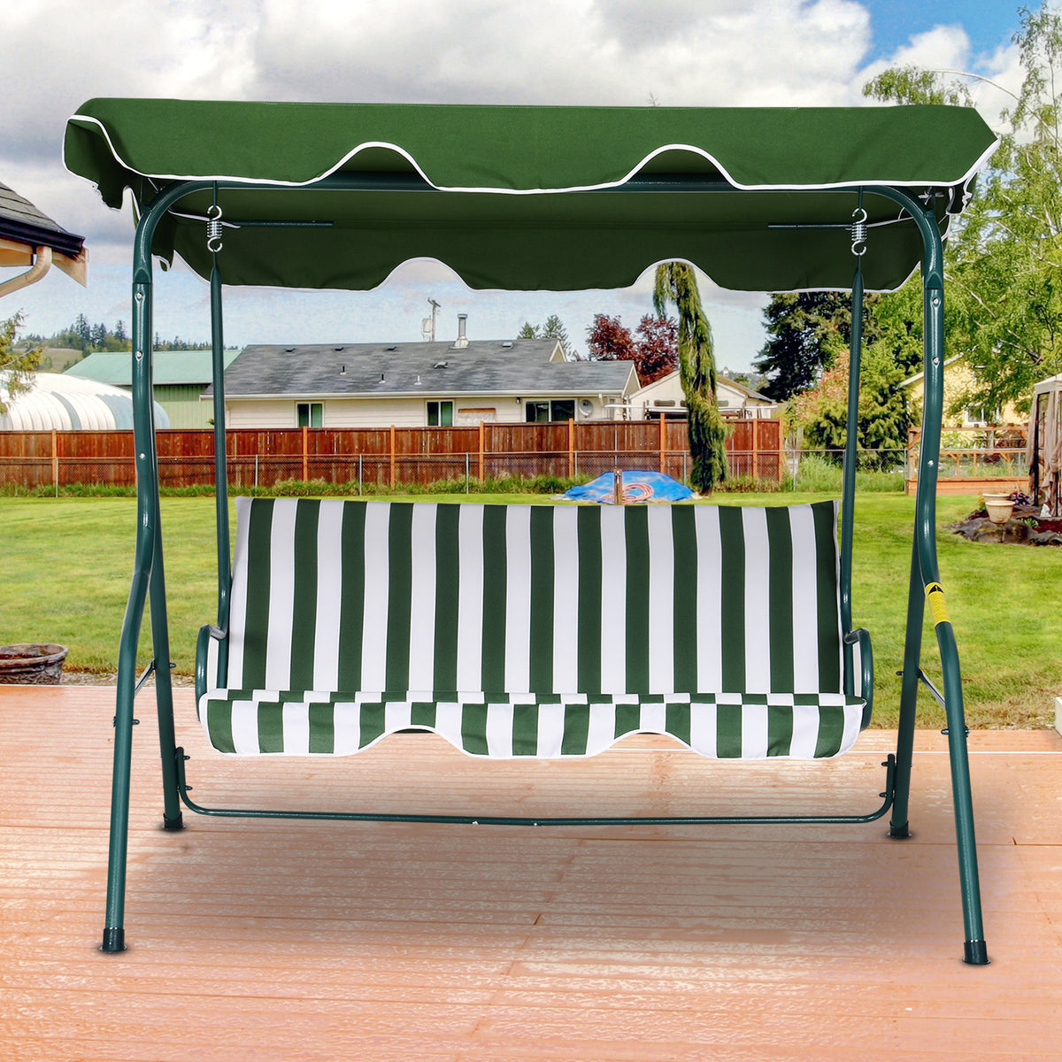 Baloiço de Jardim de 3 Lugares com Estrutura de Metal Almofada Toldo Ajustável Balcão Terraço Patio Carga Máx. 200kg 170x110x153cm Verde e Branco — foto 2