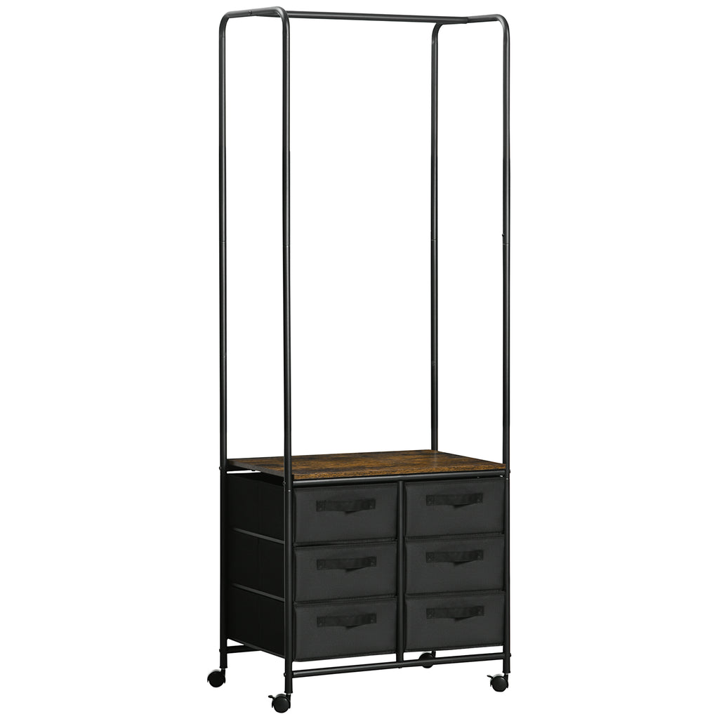 Cabideiro para Roupa com Rodas Cabideiro para Entrada com 6 Gavetas de Tecido Barra para Pendurar para Corredor Quarto Sala de Estar 63,5x40x172,5 cm Castanho Rústico — foto 1