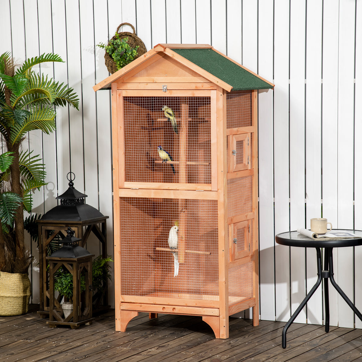 Gaiola para Pássaros Gaiola para Pássaros de Madeira com 3 Portas 4 Poleiros Bandeja Amovível e Teto Asfáltico 80,5x57x153 cm Natural — foto 2