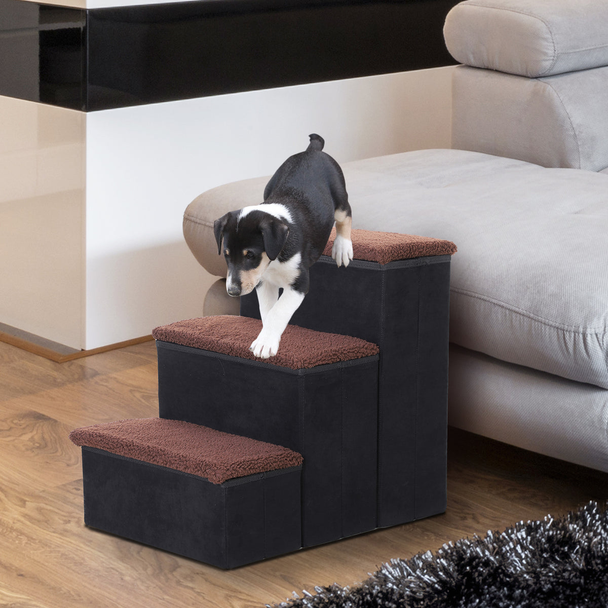 Escada para Animais de Estimação de 3 Degraus Dobrável com Tampa e Espaço de Armazenamento Escada para Cães Gatos Pequenos para Cama Sofá 40x54x48cm Preto — foto 2