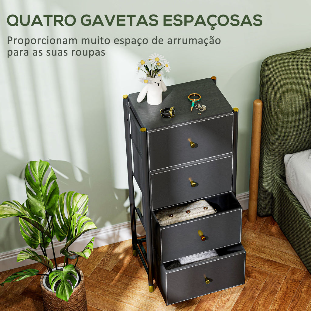 Cómoda para Dormitório Cómoda de Tecido com 4 Gavetas Dobráveis com Frentes de Couro PU e Estrutura de Aço Cómoda para Dormitório 46x30x98 cm Preto — foto 4