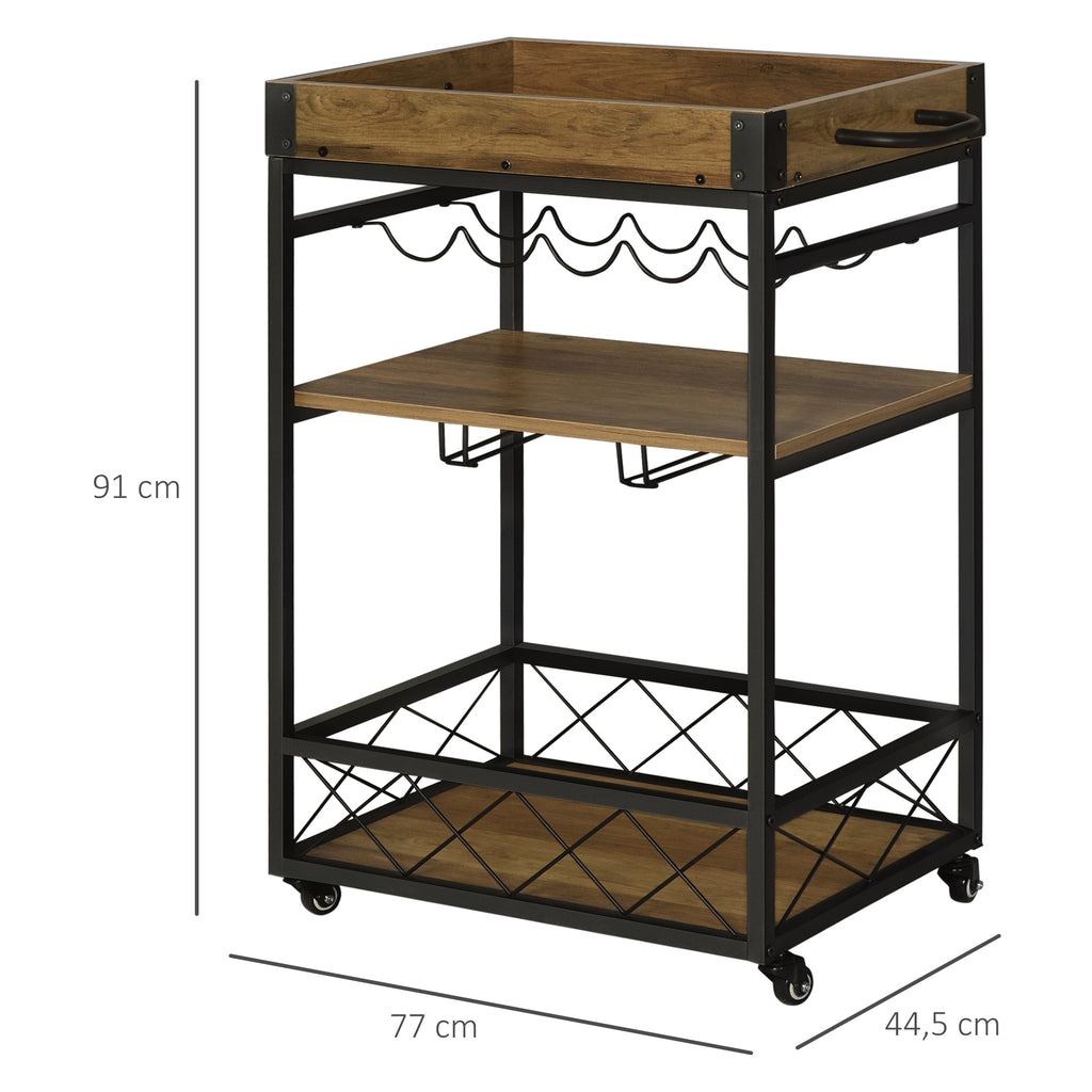 Carrinho de cozinha Carrinho de serviço móvel multifuncional com 3 prateleiras Suporte para copos e toalheiros da bandeja porta-copos para sala de jantar 77x44,5x91 cm Madeira rústica — foto 3