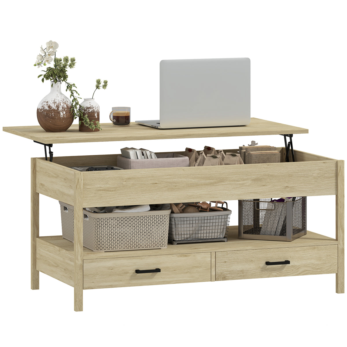 Mesa de Centro Elevável Mesa de Centro com Bancada Elevável Espaço Oculto de Armazenamento Gavetas e Prateleira Aberta 100x50x48-62 cm Carvalho — foto 1