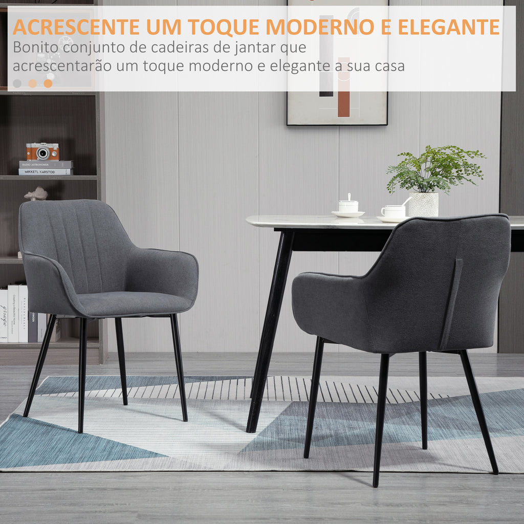 Conjunto de 2 Cadeiras de Sala de Jantar Estofadas em Linho Cadeiras de Cozinha com Encosto Apoio para os Braços e Pés de Metal 59,5x56,5x81 cm Cinza — foto 4