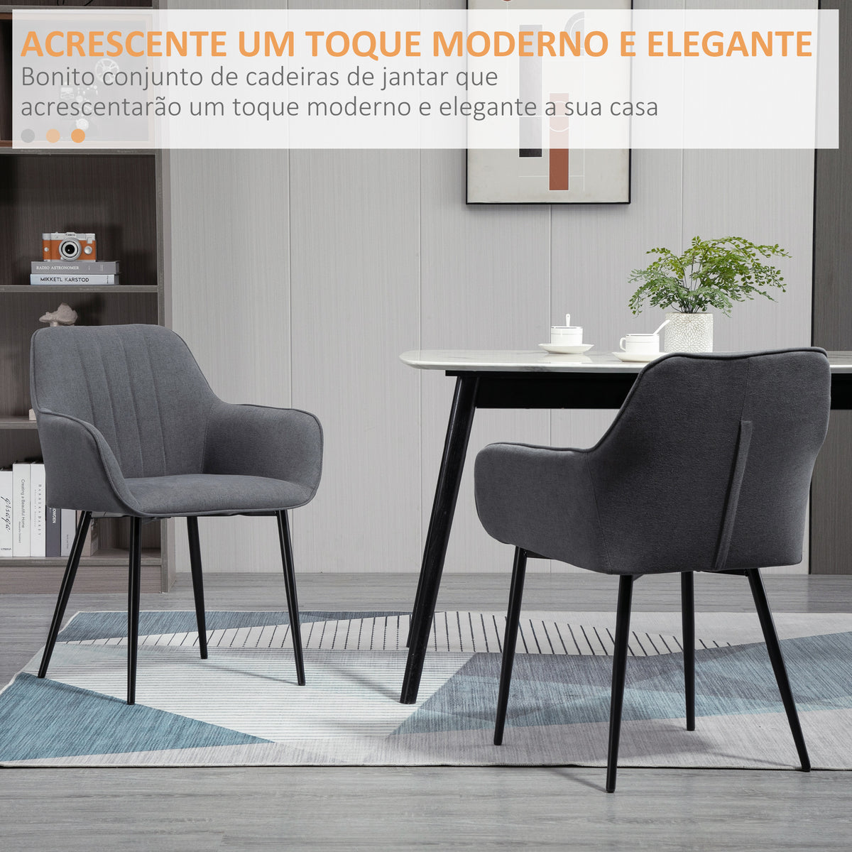 Conjunto de 2 Cadeiras de Sala de Jantar Estofadas em Linho Cadeiras de Cozinha com Encosto Apoio para os Braços e Pés de Metal 59,5x56,5x81 cm Cinza — foto 4