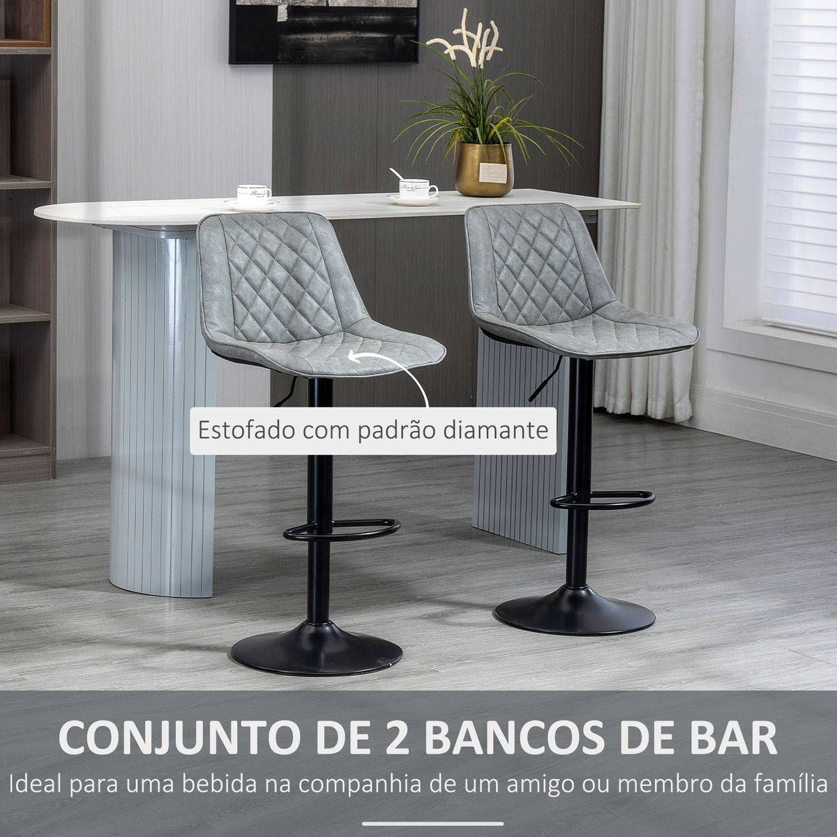 Conjunto de Bancos de Bar Estofados em PU Bancos Altos de Sala de Jantar com Altura Ajustável Assento Giratório e Apoio para os Pés Carga Máxima 120kg 46,5x51x86-106 cm Cinzento — foto 4
