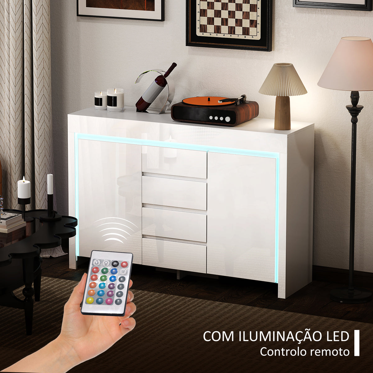 Aparador Sala de Estar Aparador com Luzes LED com 4 Gavetas Fechamento Suave Prateleiras Ajustáveis e Controlo Remoto Móvel Aparador Dormitório 120x34x80 cm Branco Brilhante — foto 4