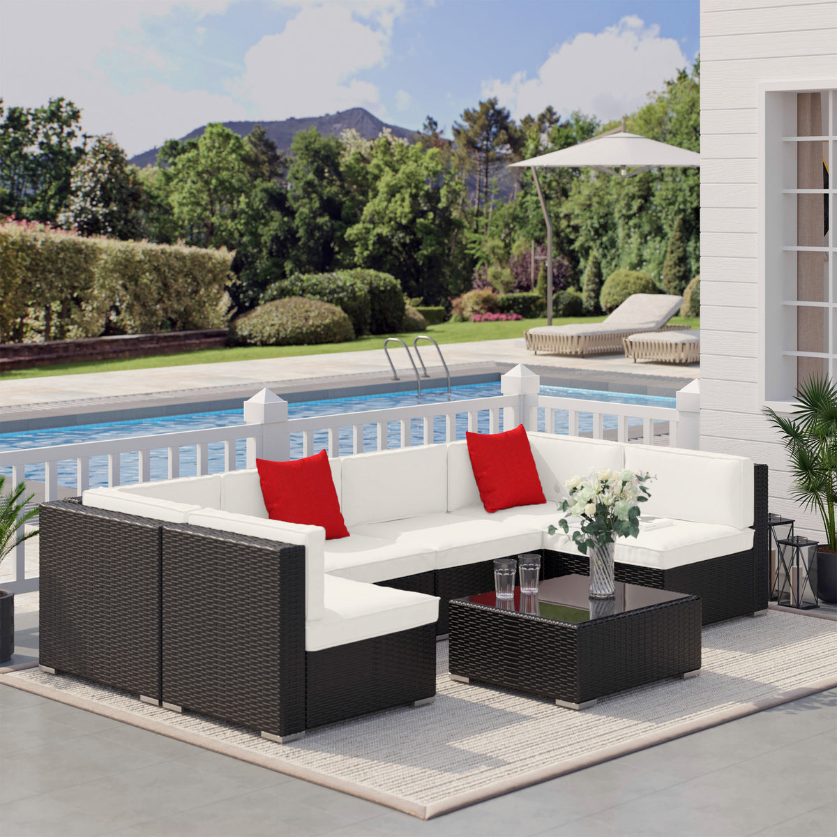 Conjunto de Móveis de Jardim 7 Peças com Mesa de Centro Almofadas e Almofadas Decorativas Incluídas Estrutura de Aço Marrom — foto 2