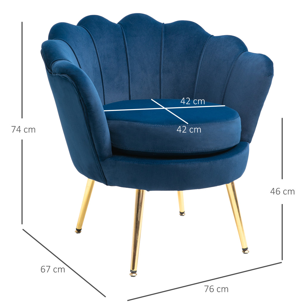 Poltrona de Sala Estofada em Veludo Poltrona para Quarto com Encosto em Forma de Concha e Pernas Douradas para Sala de Jantar 76x67x74 cm Azul — foto 3