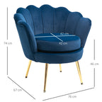 Poltrona de Sala Estofada em Veludo Poltrona para Quarto com Encosto em Forma de Concha e Pernas Douradas para Sala de Jantar 76x67x74 cm Azul — foto 3