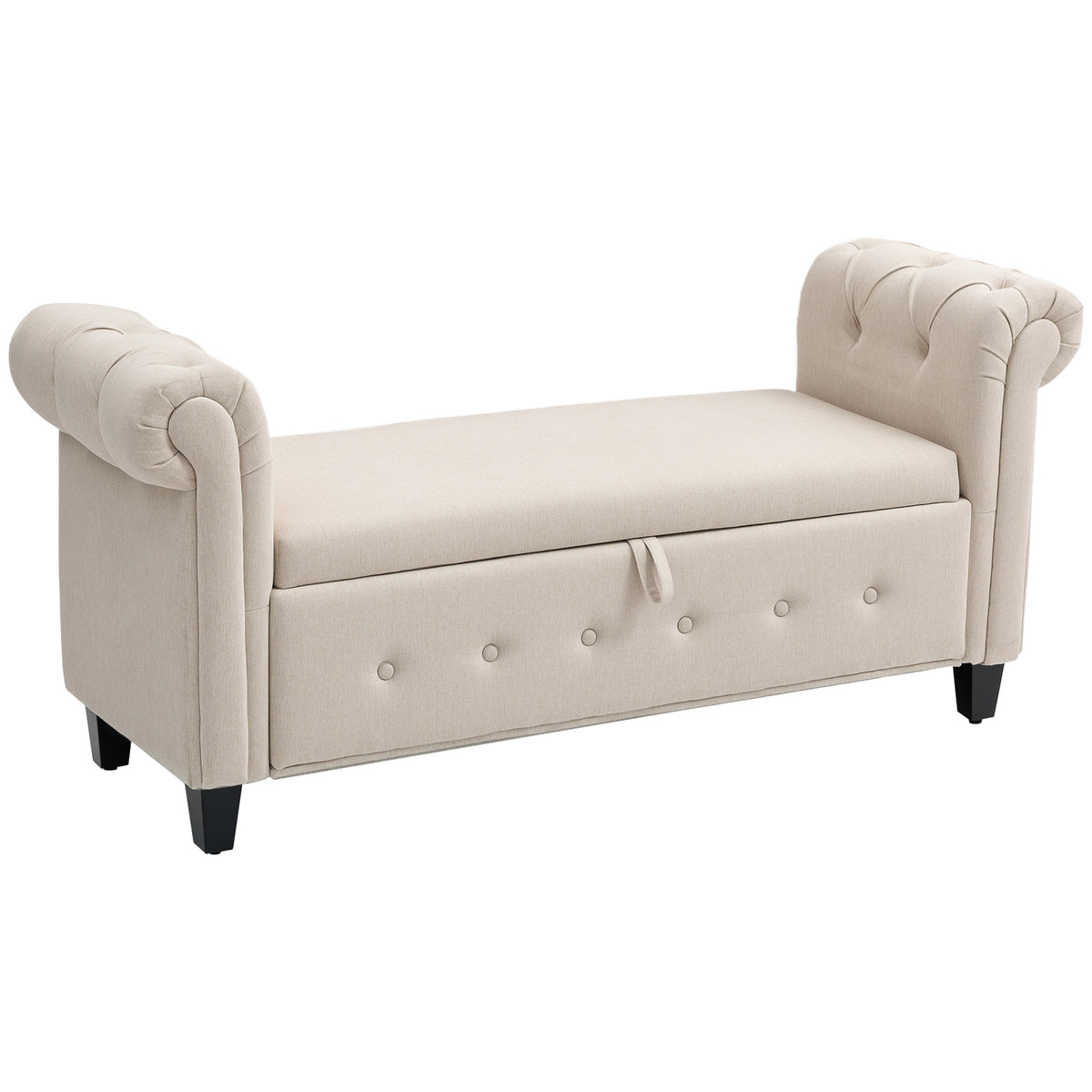 Banco de Pé de Cama Banco de Armazenamento de Linho com Dobradiças na Tampa Pés de Madeira e Apoio para os Braços para Dormitórios Sala de Estar Corredor Carga 150kg 146,5x49x74,5 cm Bege — foto 1