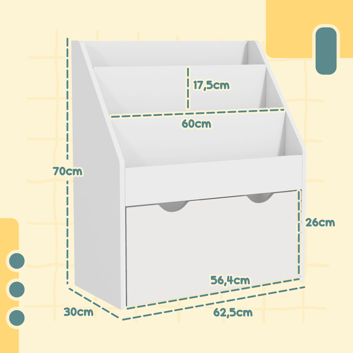 Estante de Brinquedos com 3 Compartimentos Estante Infantil para Brinquedos com Gaveta com Rodas Multifuncional para Quarto Sala de Jogos 62,5x30x70 cm Branco — foto 3