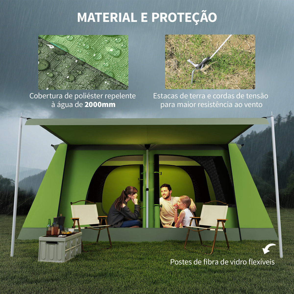 Tenda de Campismo Familiar para 4 Pessoas Tenda de Campismo Portátil Impermeável com Bolsa de Transporte Rede Mosquiteira e Proteção Solar 410x-310x225cm Verde — foto 5