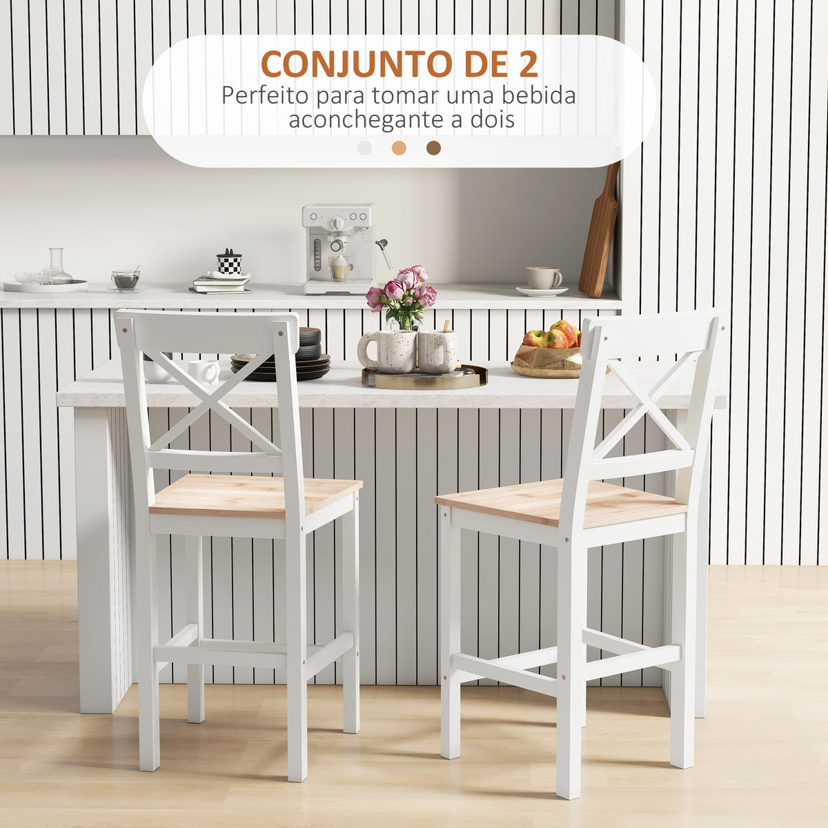 Conjunto de 2 Bancos de Bar de Madeira Bancos Altos de Cozinha com Encosto e Apoio para os Pés Estilo Rústico para Sala de Jantar 41x46x97.5 cm Natural — foto 4