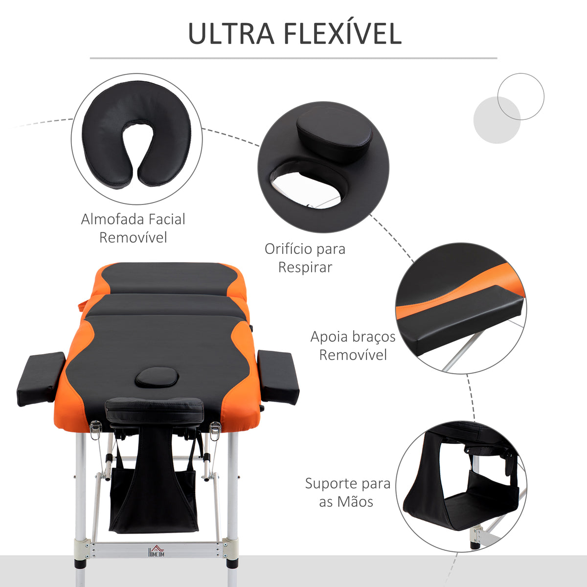 Marquesa de Massagem Dobrável e Portátil com Altura Ajustável Apoio para a Cabeça e Apoio para os Braços 210x81x62-85 cm Laranja e Preto — foto 5