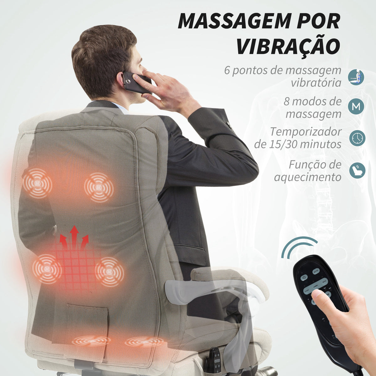 Cadeira de Escritório com Massagem Reclinável Cadeira Giratória com Altura Ajustável Função de Aquecimento Apoio para Pés Encosto Alto e Controlo Remoto para Estudo 66x70x112-120 cm Bege — foto 4