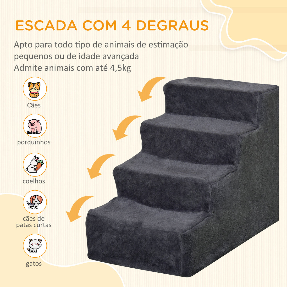 Escada para Animais de Estimação com 4 Degraus 2 em 1 com Capa Removível e Lavável Escada para Cães Gatos Carga 30kg 60x35x44 cm Cinza Escuro — foto 4