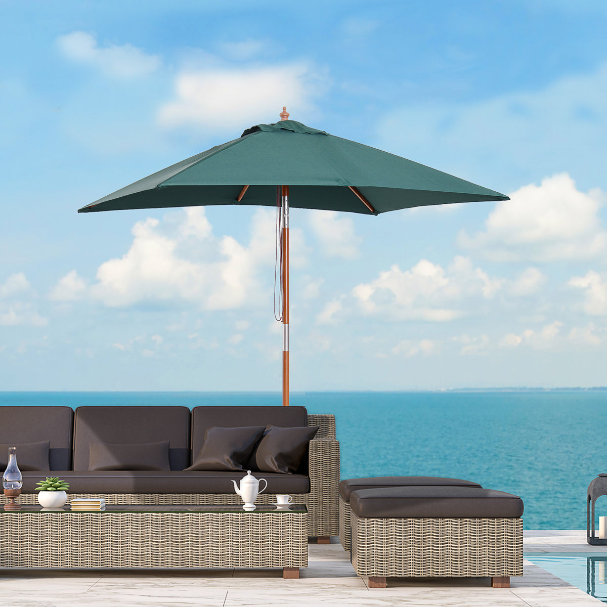 Chapéu de Sol de Jardim 200x150x230cm Chapéu de Sol Retangular Inclinável com Polia Duplo Teto e Mastro Desmontável de Madeira para Terraço Pátio Verde — foto 2