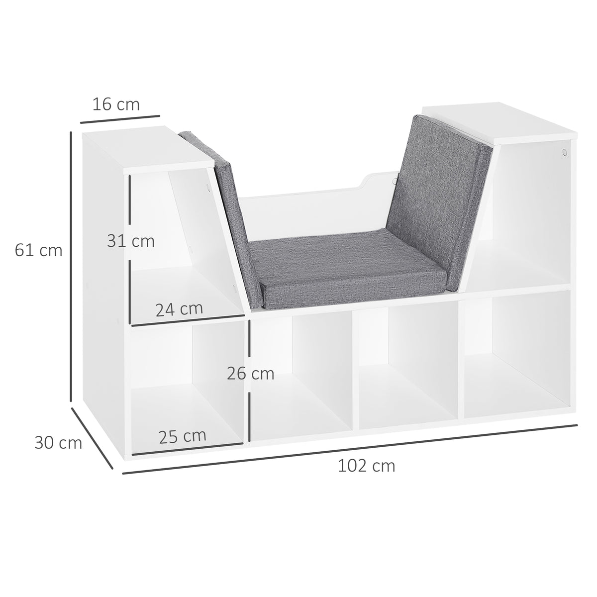 Estante Infantil com Assento Estante com 6 Cubos e Banco com Almofada 102x30x61cm Branco e Cinzento — foto 3