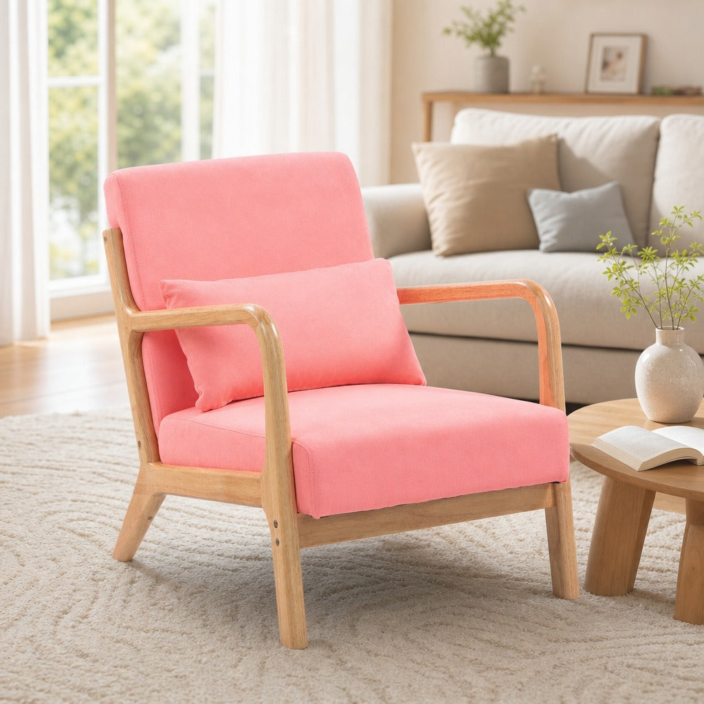 Poltrona Sala de Estar Nórdica Poltrona Individual Acolchoada com Apoio para os Braços e Estrutura de Madeira de Borracha para Dormitório Carga 120 kg 61x78x76 cm Rosa — Ambiente | Lifestyle