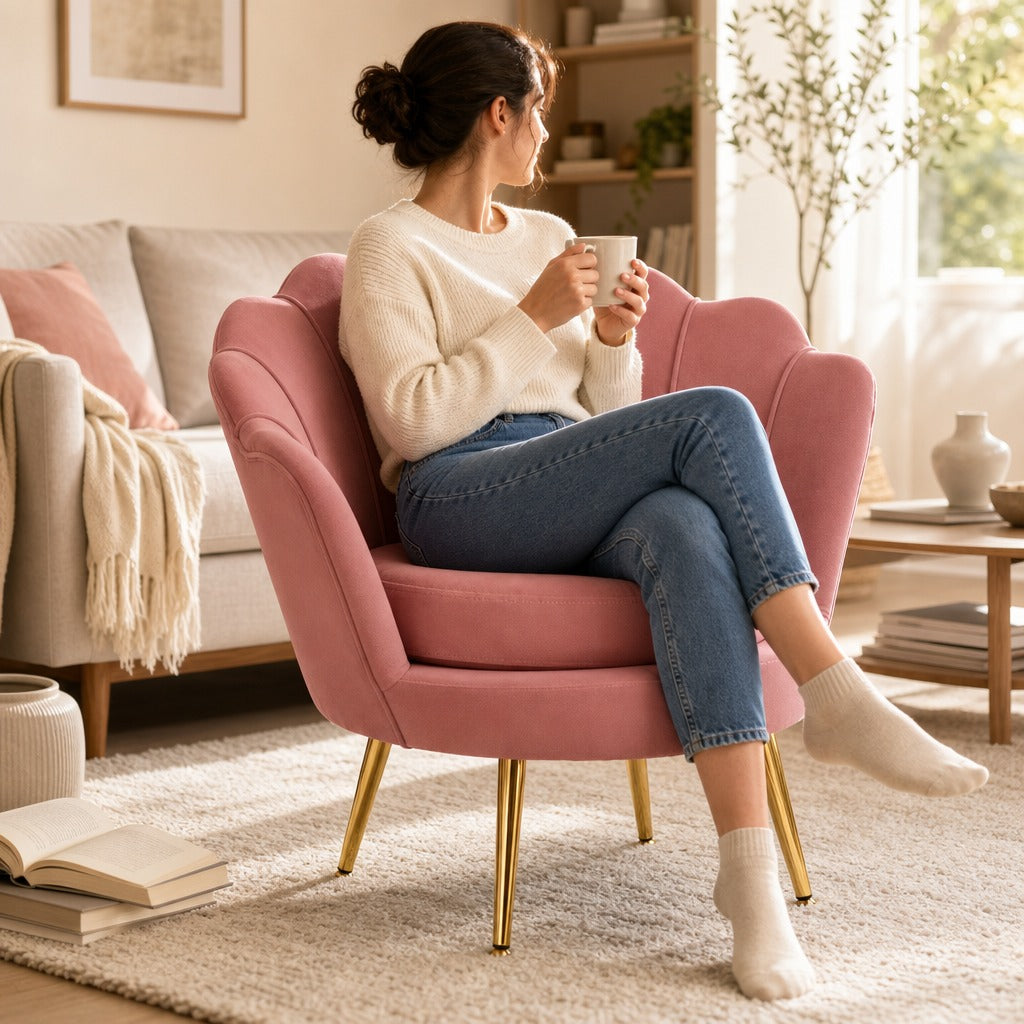 Poltrona de Sala Estofada em Veludo Poltrona para Quarto com Encosto em Forma de Concha e Pernas Douradas para Sala de Jantar 76x67x74 cm Rosa — Ambiente | Lifestyle