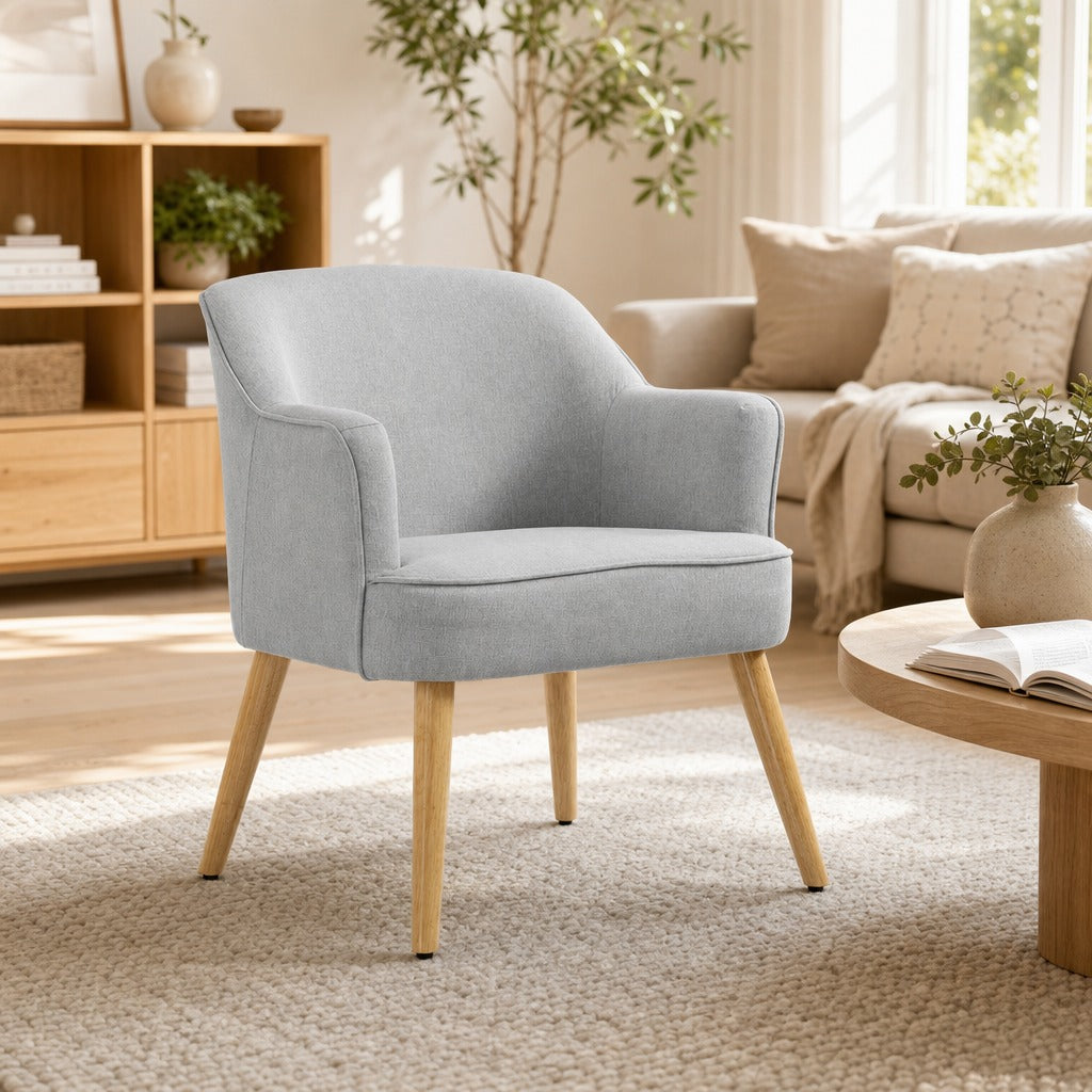 Poltrona Estilo Nórdico Poltrona para Sala de Estar Estofada em Linho com Pés de Madeira para Dormitório Escritório Estúdio Carga 120 kg 64,5x65x79,5 cm Cinzento — Ambiente | Lifestyle