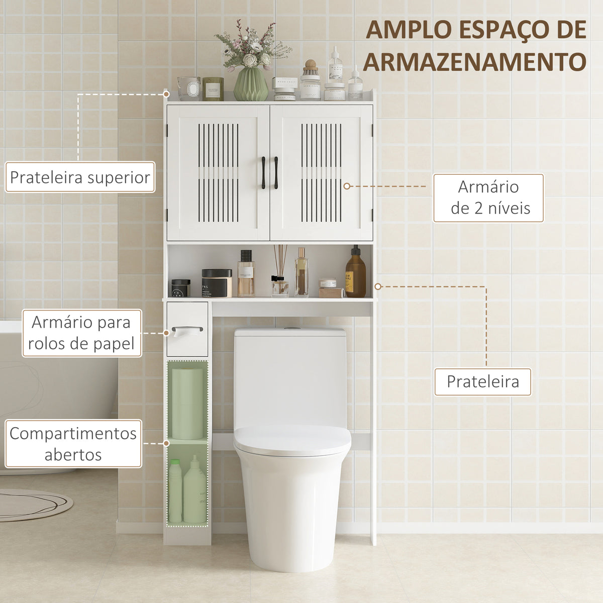 Armário sobre Sanita Móvel sobre Sanita com Prateleira Ajustável 2 Portas Suporte para Papel Higiênico e Prateleiras Abertas Armário para Máquina de Lavar 80x19,5x170 cm Branco — foto 4