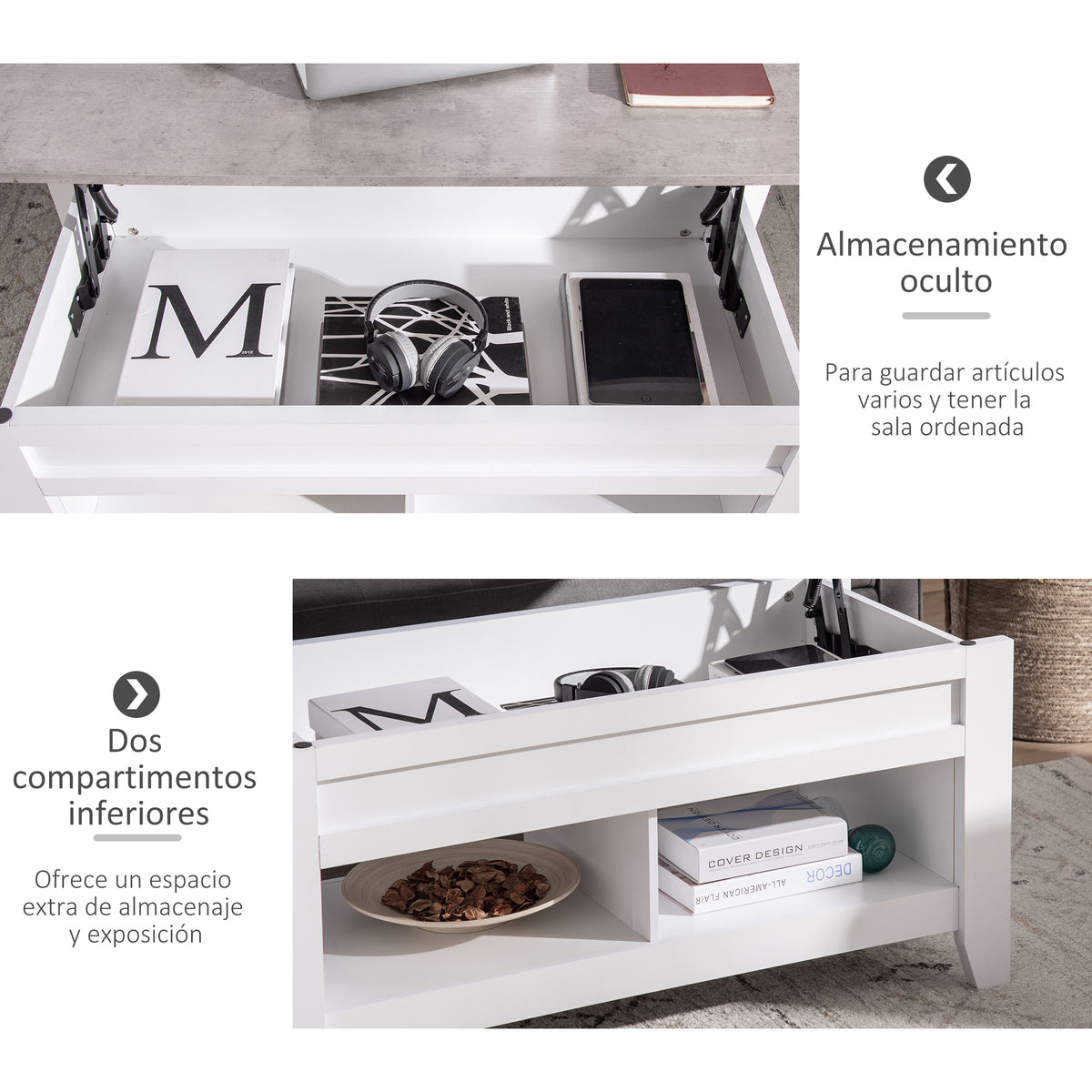 Mesa de Centro com Bancada Elevável Mesa de Centro com 2 Compartimentos Abertos Bancada de Imitação a Mármore Mesa Retangular para Sala de Estar 105x50x49cm Branco — foto 5