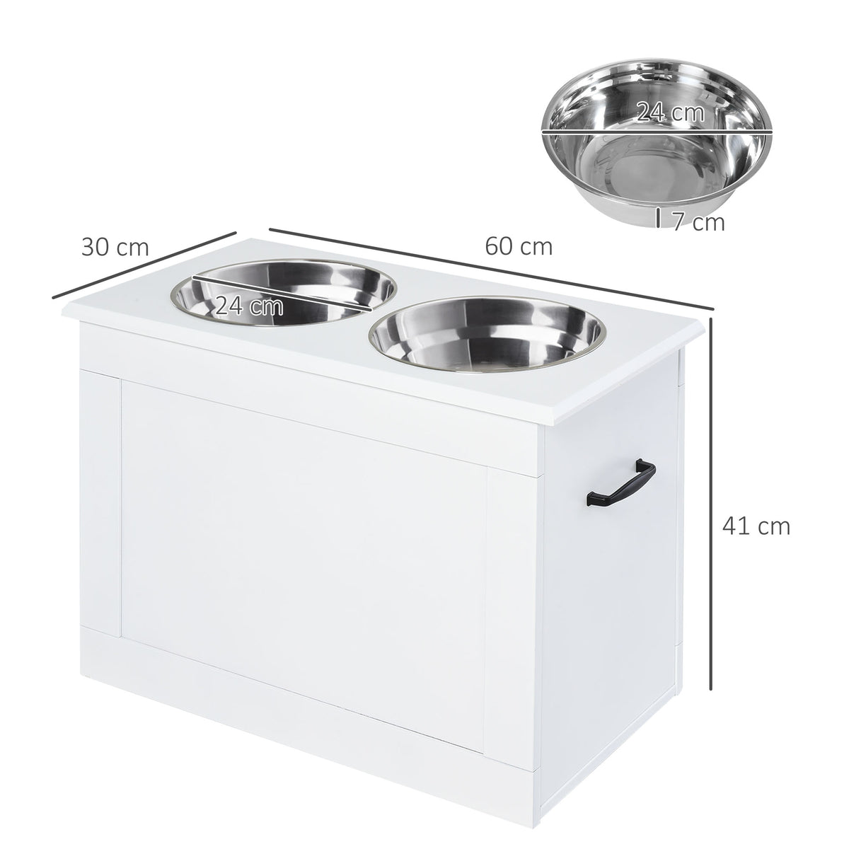 Comedouro Elevado para Cães Comedouro para Cães com 2 Tigelas de Aço Inoxidável e Espaço de Armazenamento Oculto 60x30x41 cm Branco — foto 3